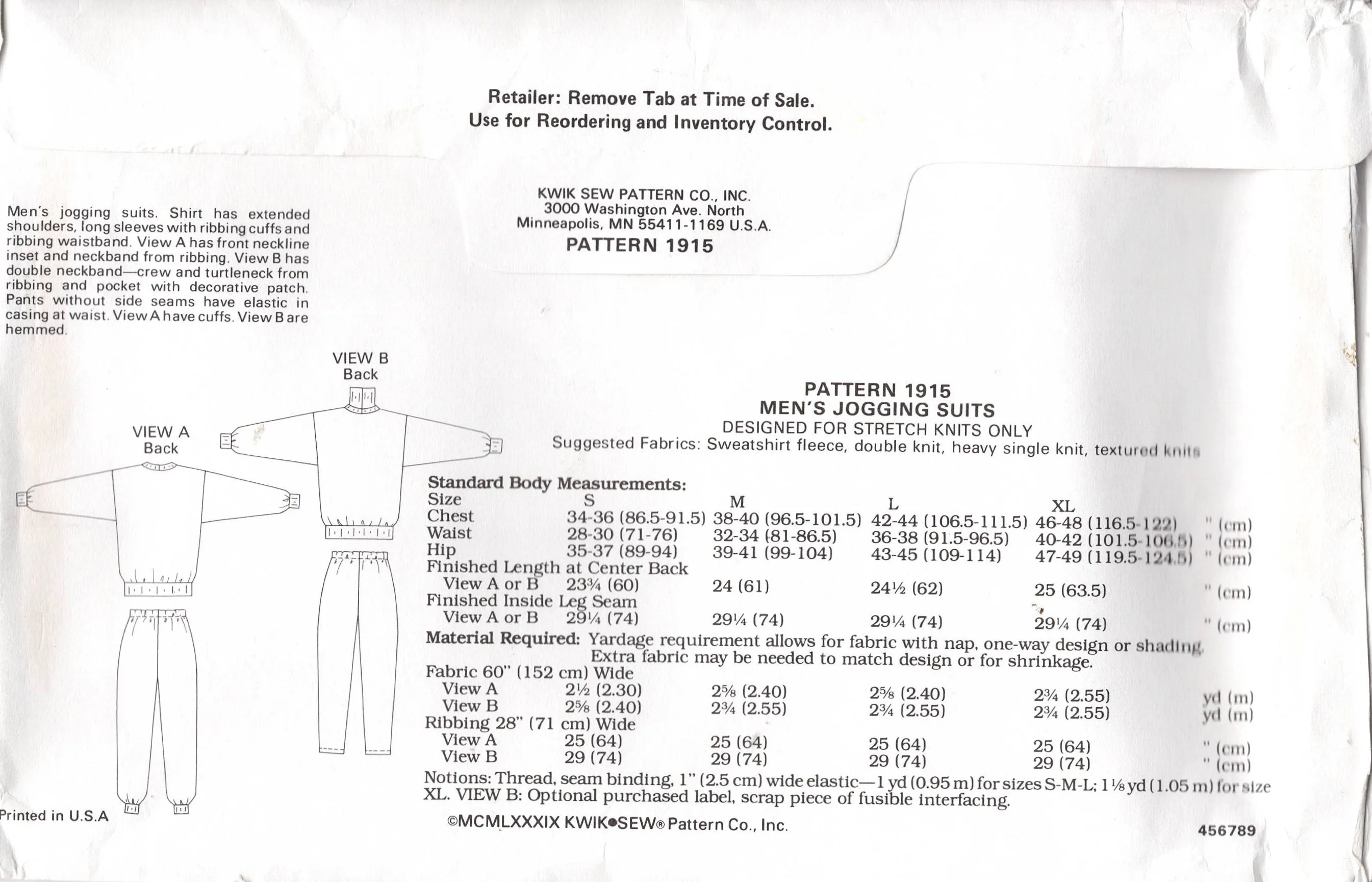 1980's Kwik Sew Men's Track Suit with Sweatshirt and Sweatpants pattern - Chest 34-48" - No. 1915