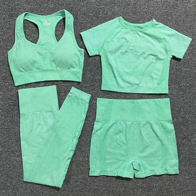 4 Pcs/Set Yoga Set Seamless Leggings Short Sleeve Crop Top Sports Bra Sport Shorts Sports Wear Women Gym Clothing Sports Suit