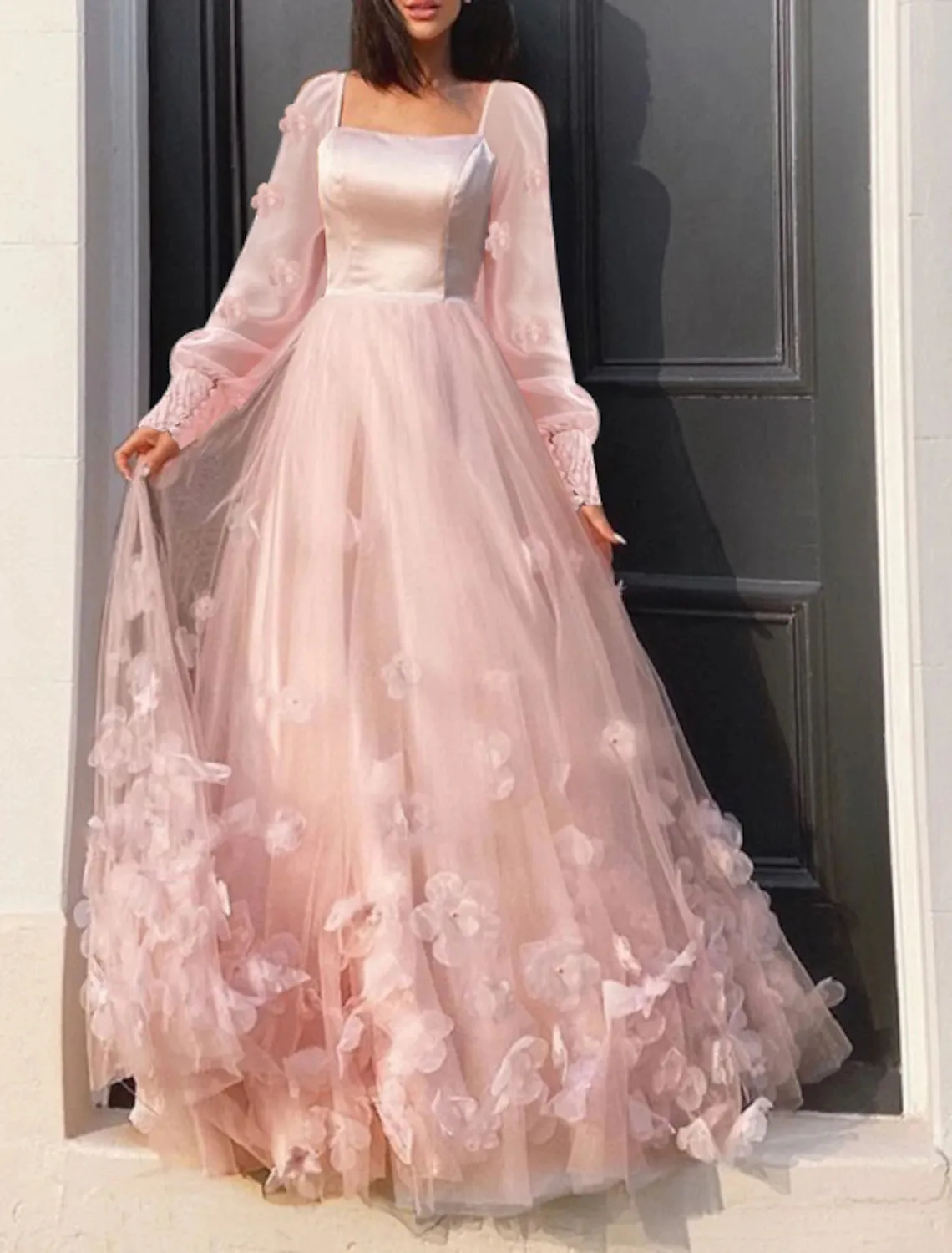 A-Line Prom Dresses Maxi Dress Wedding Guest Sweet 16 Floor Length Long Sleeve Scoop Neck Tulle with Appliques Butterfly