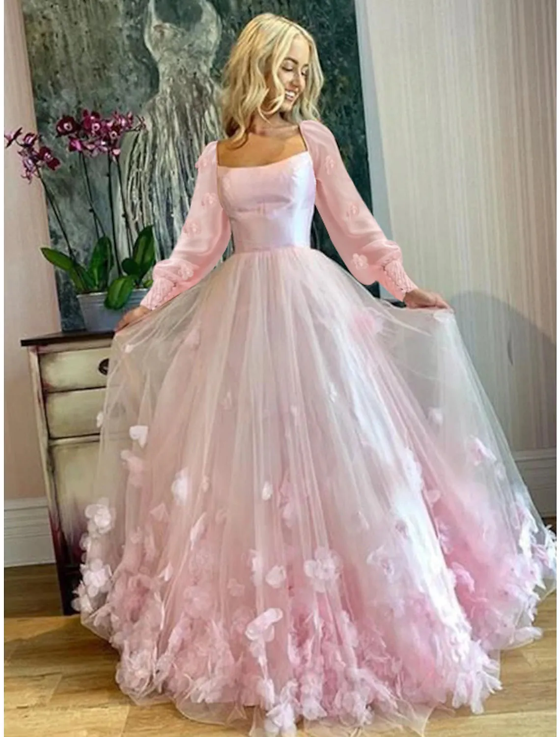 A-Line Prom Dresses Maxi Dress Wedding Guest Sweet 16 Floor Length Long Sleeve Scoop Neck Tulle with Appliques Butterfly