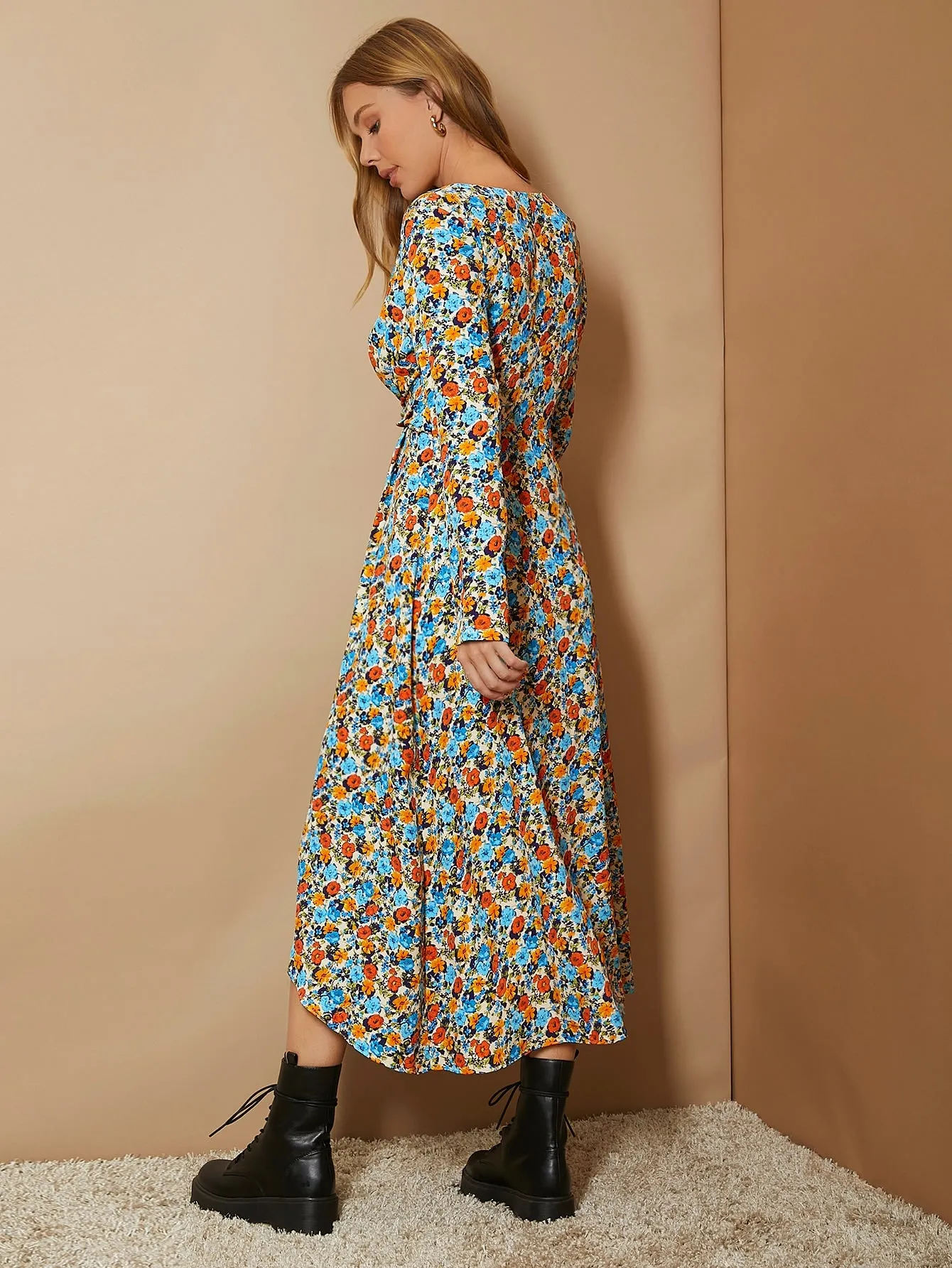 All Over Print Wrap Long Sleeve V Neck Wrap High Waist Long Dress