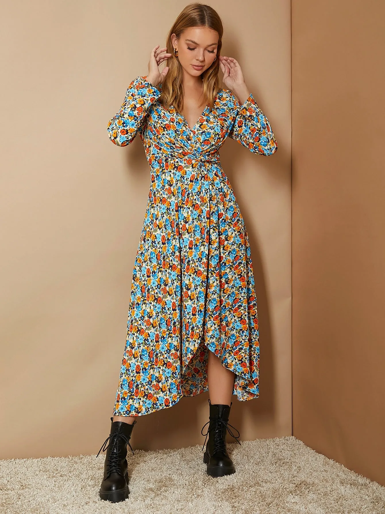 All Over Print Wrap Long Sleeve V Neck Wrap High Waist Long Dress