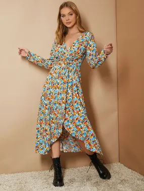 All Over Print Wrap Long Sleeve V Neck Wrap High Waist Long Dress