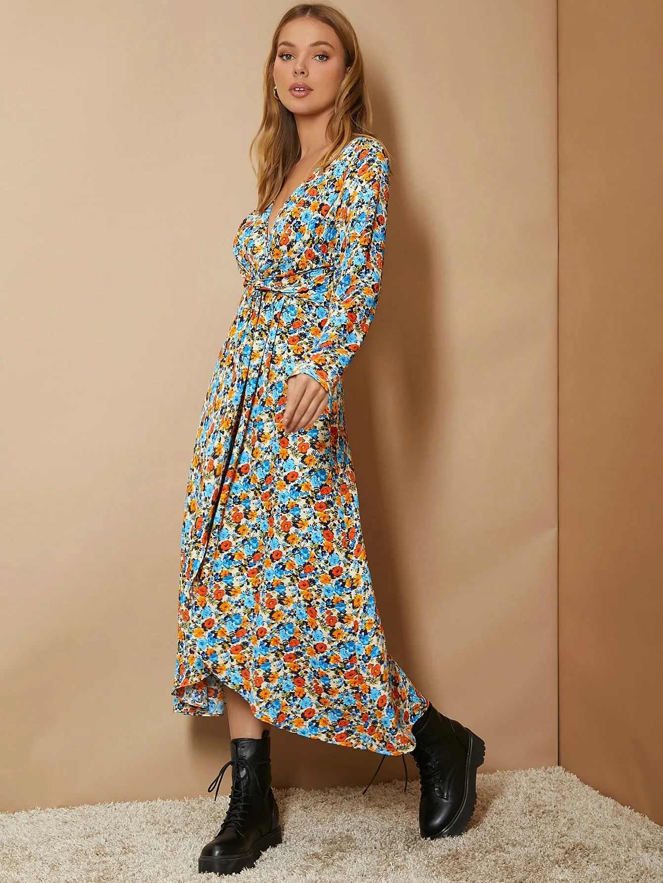 All Over Print Wrap Long Sleeve V Neck Wrap High Waist Long Dress