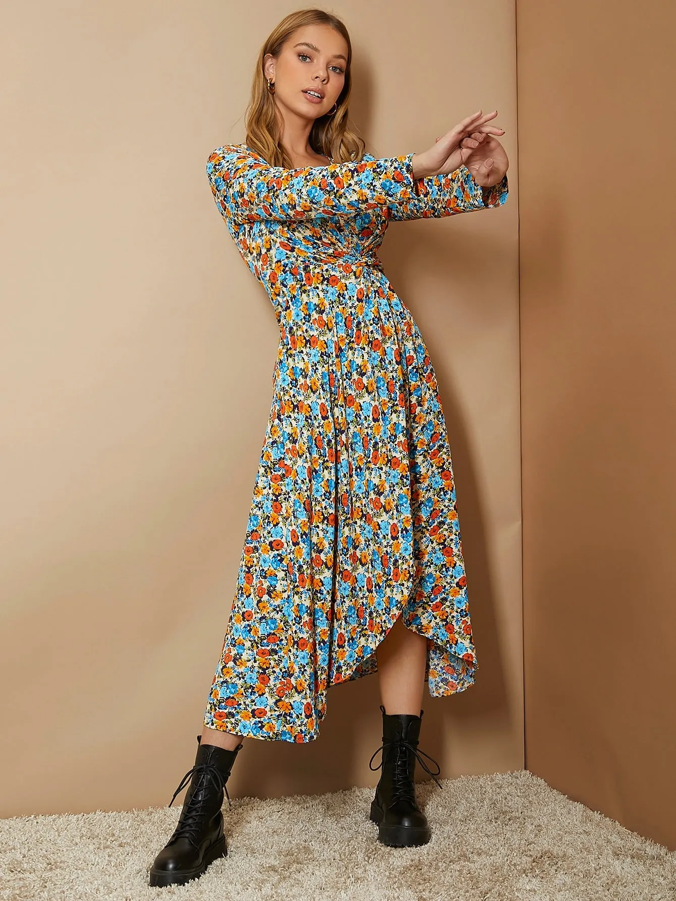 All Over Print Wrap Long Sleeve V Neck Wrap High Waist Long Dress