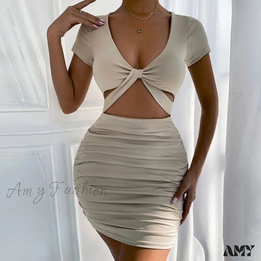 Amy Fashion - Hollow Out Solid Bodycon Dresses