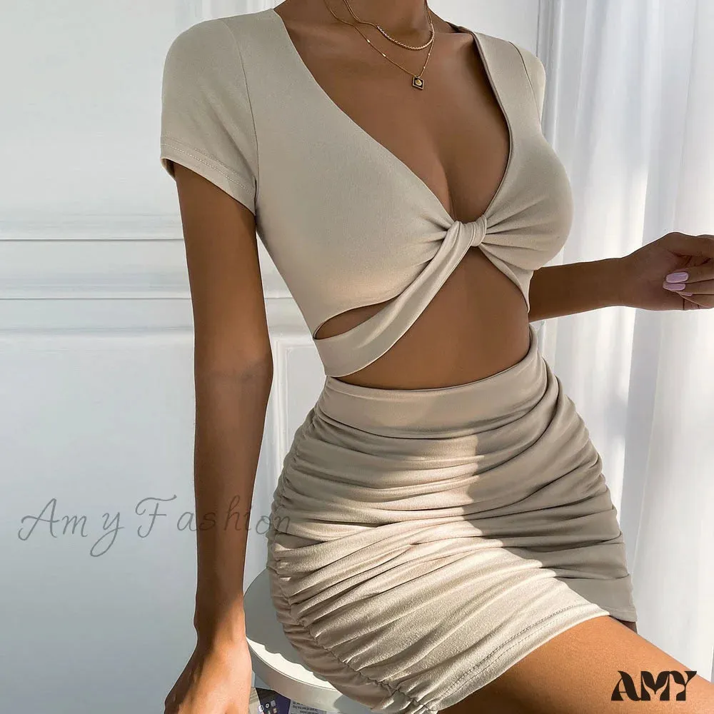 Amy Fashion - Hollow Out Solid Bodycon Dresses