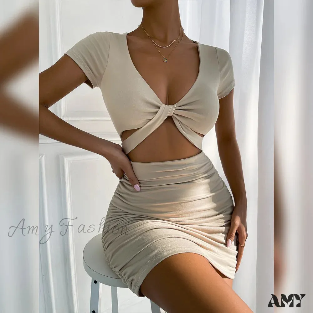 Amy Fashion - Hollow Out Solid Bodycon Dresses