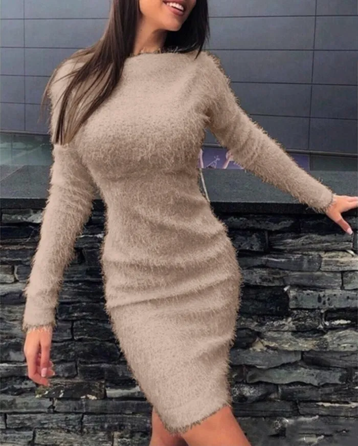 Autumn and winter hot style plush sexy waist long sleeve dress