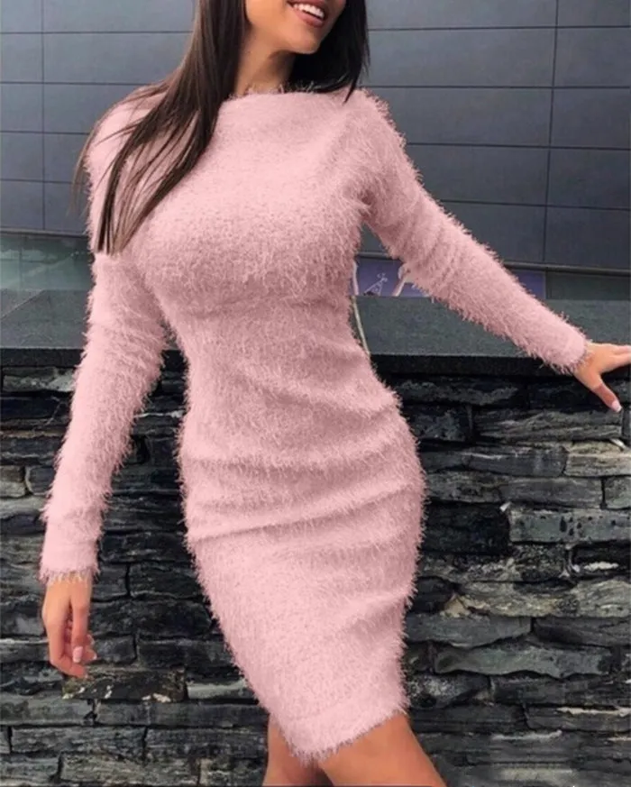 Autumn and winter hot style plush sexy waist long sleeve dress