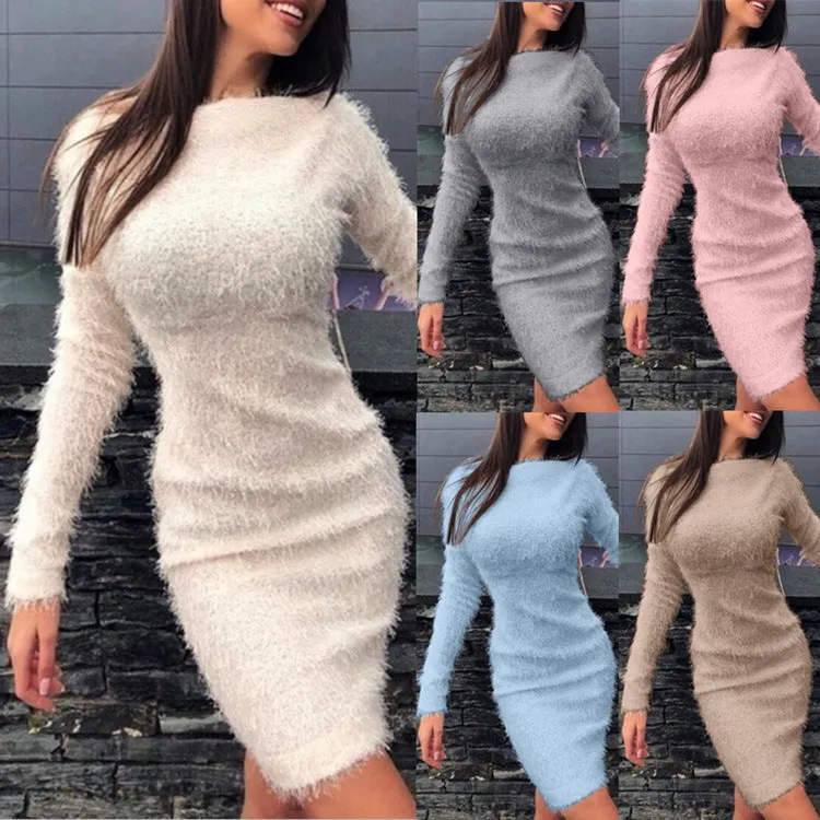 Autumn and winter hot style plush sexy waist long sleeve dress