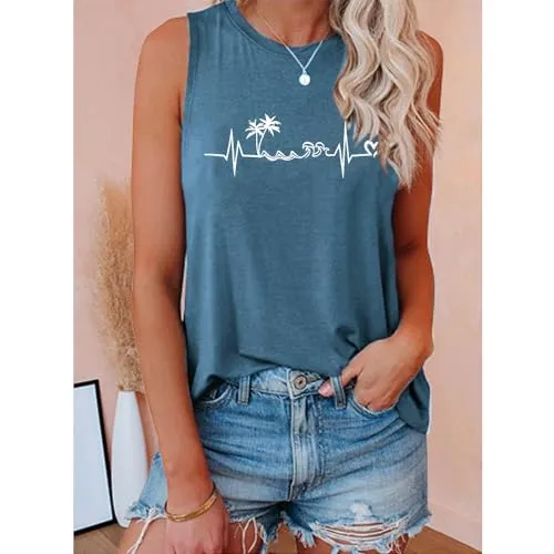 Beach Tank Tops for Women Funny Hiking Graphic Tees Casual Loose Summer Sleeveless Graphic Tank Workout Tops Heartbeat Print Country Tank Tops (Navy Blue S)