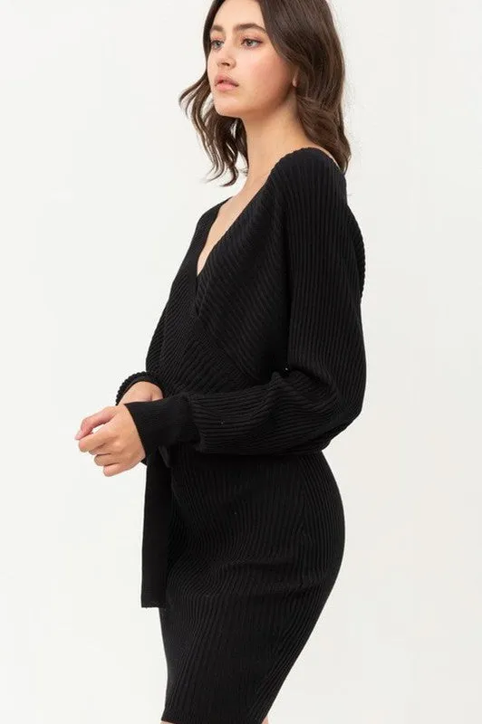 BELTED WRAP KNIT DRESS