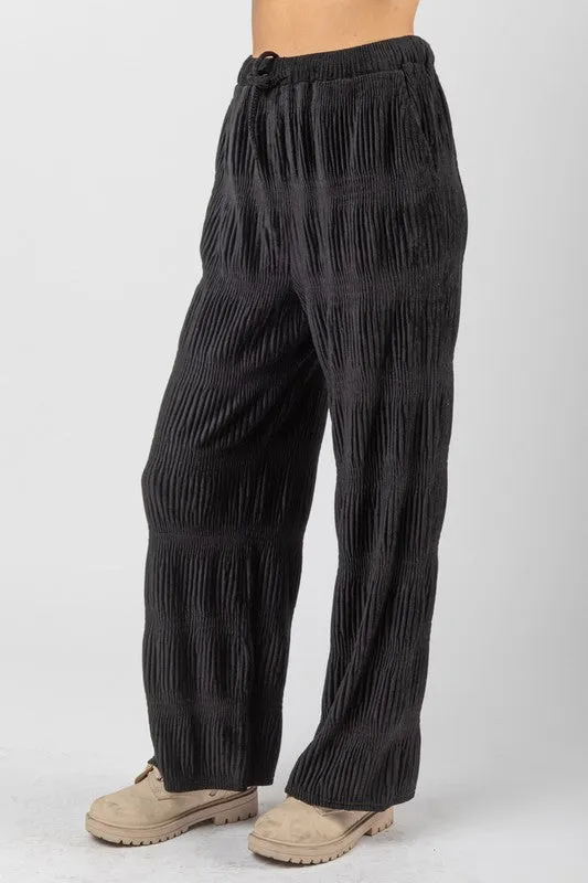 Black Crinkled Soft Velvet Comfy Straight Pants