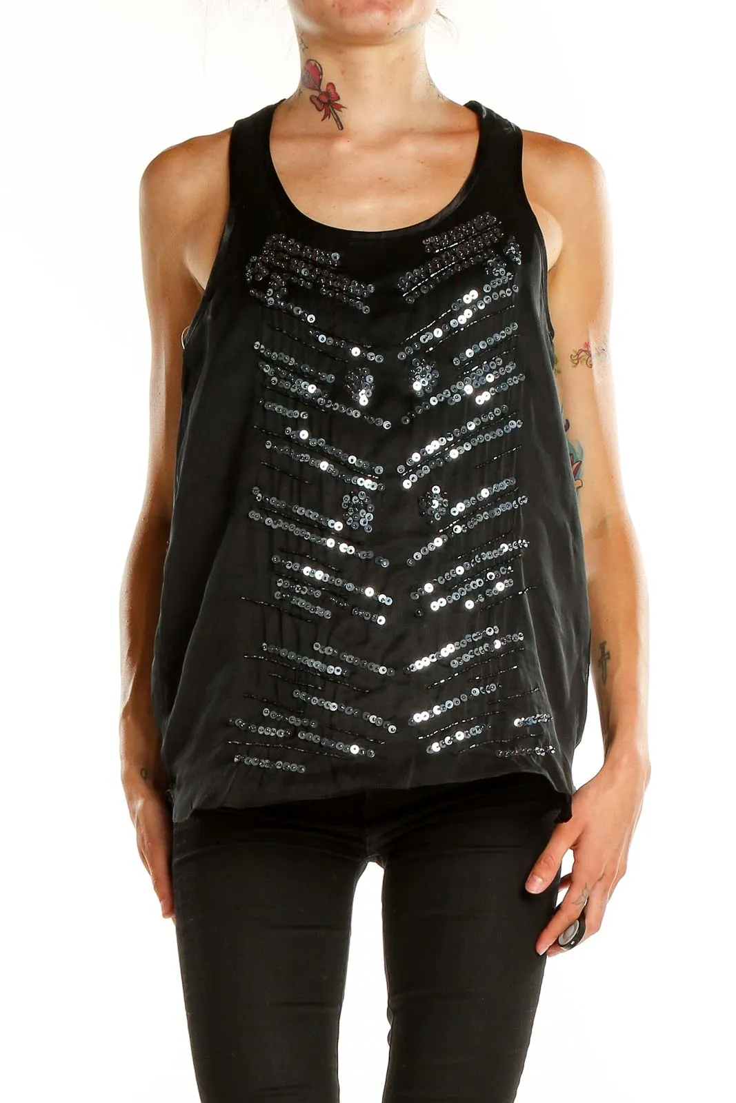 Black Sequined Sleeveless Tank Top