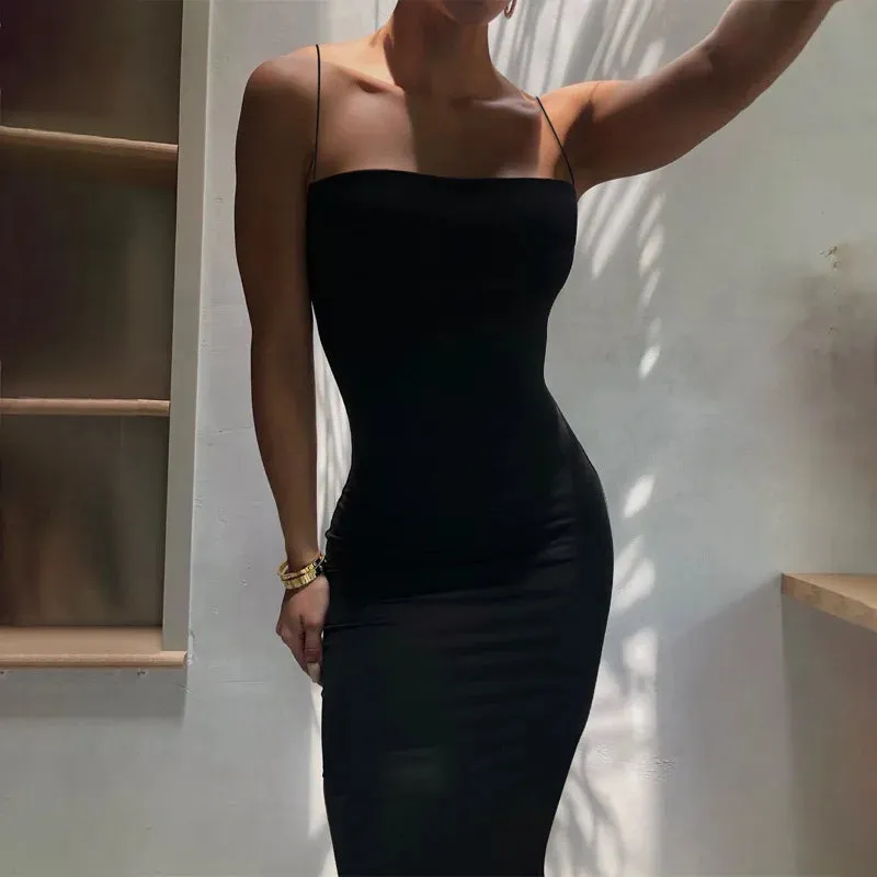 Black Spaghetti Strap Backless Solid Sleeveless Bodycon Dress for Summer Party