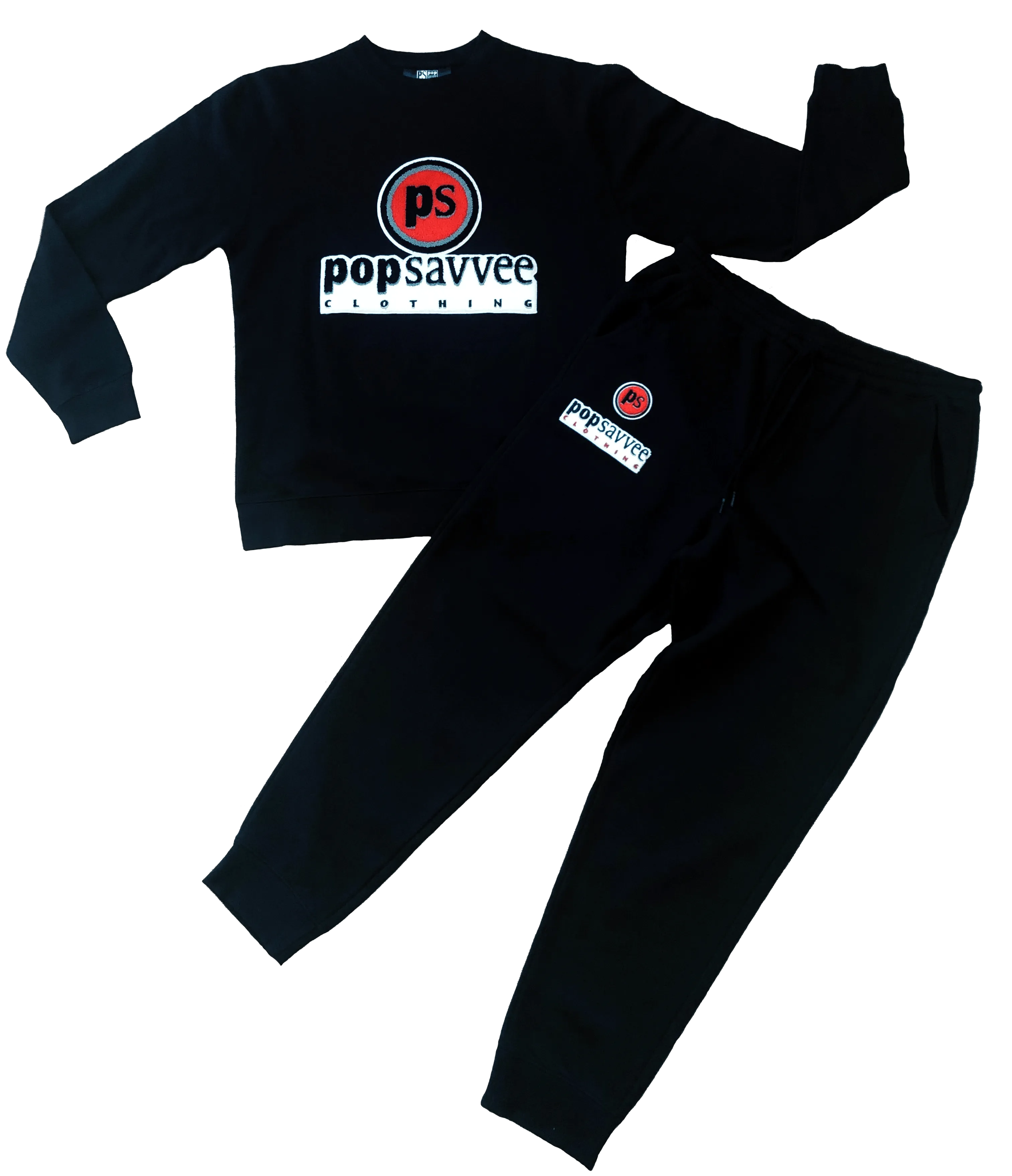 Black Sweat Suit - Chenille Embroidered “Pop Savvee Clothing” Logo