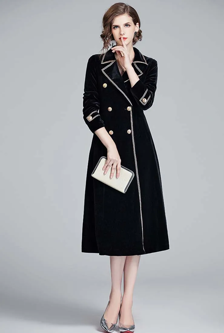 Black Velvet Double-breasted Trench Coat