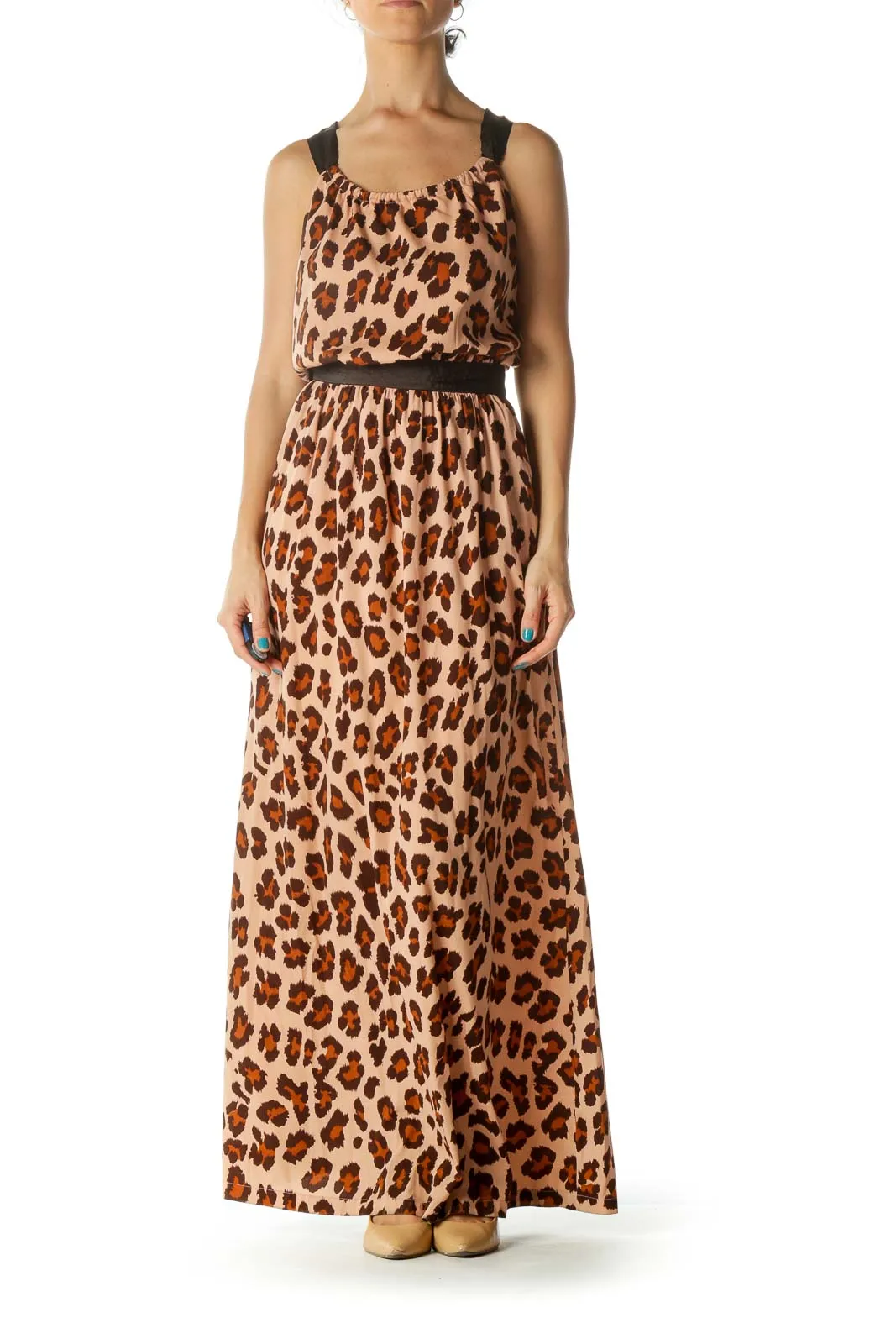 Brown and Orange Animal Print Maxi Dress