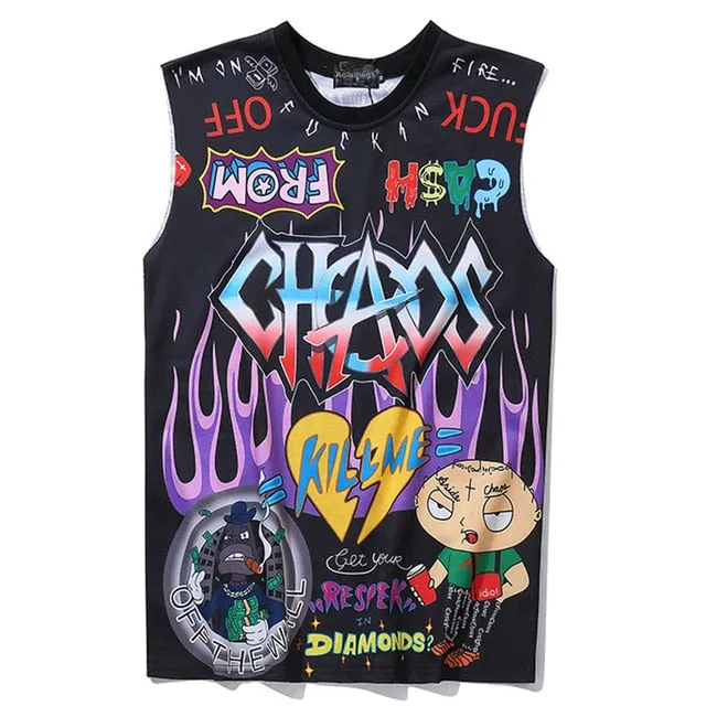 Chaos Cartoon Doodle Printed Hip Hop Streetwear Sleeveless