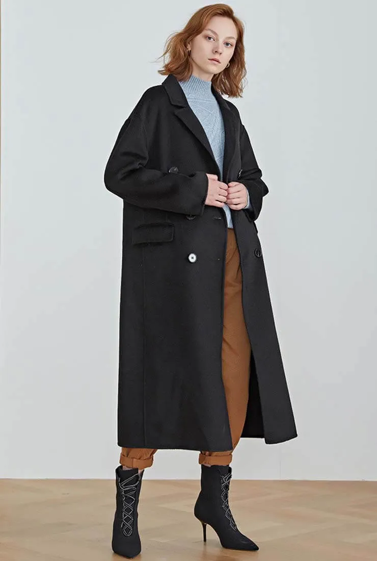 Classic Double-Breasted Reversible Cashmere Wool Long Coat