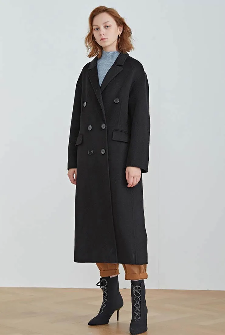 Classic Double-Breasted Reversible Cashmere Wool Long Coat