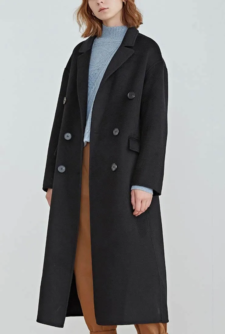 Classic Double-Breasted Reversible Cashmere Wool Long Coat