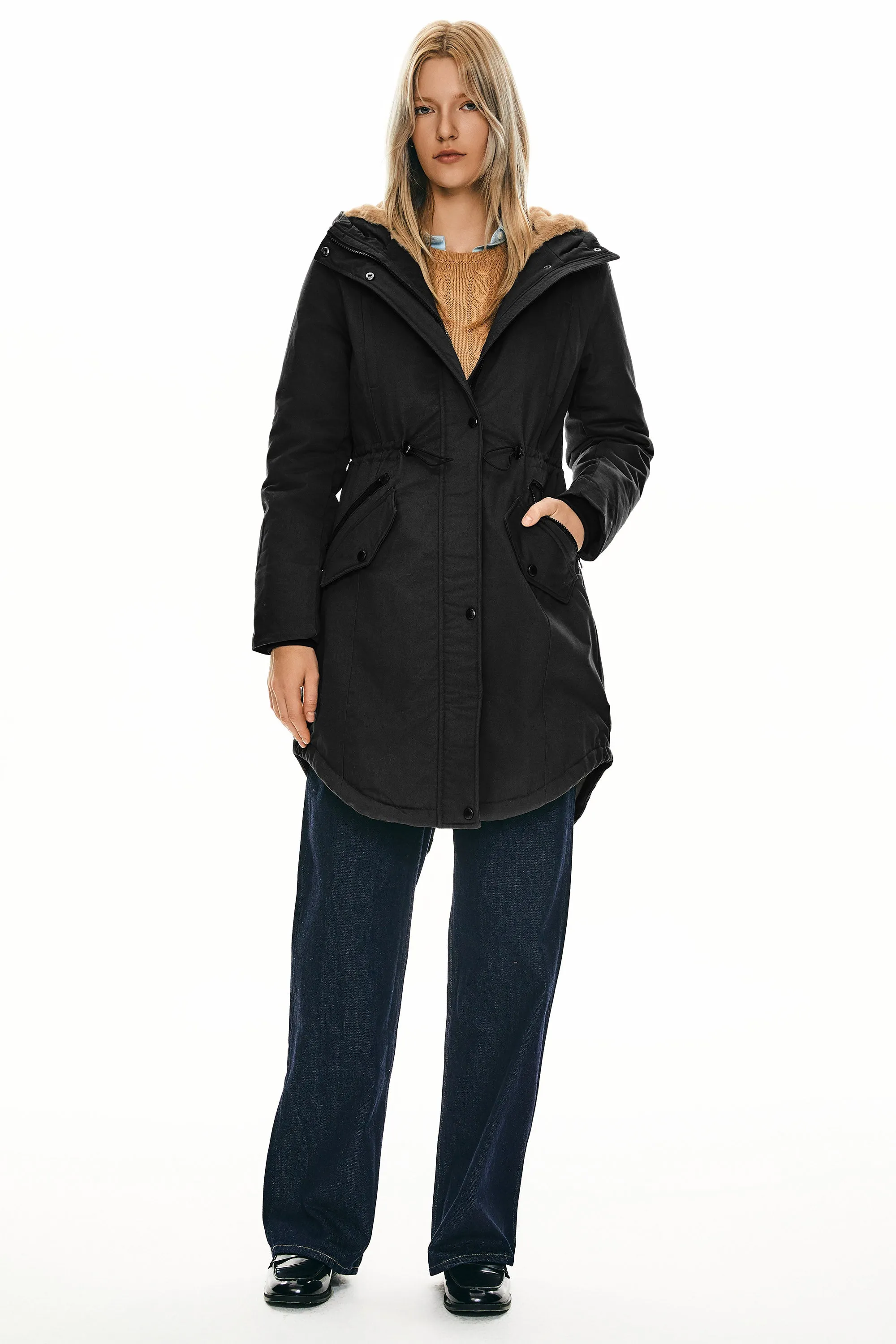 Drawstring Waist Fleece-Lined Parka