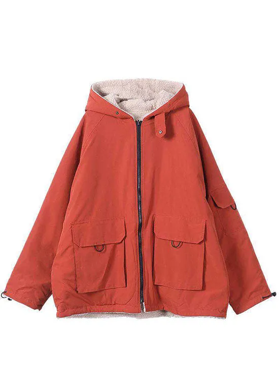 Fashion Orange hooded zippered Pockets Loose Winter parkas Coat