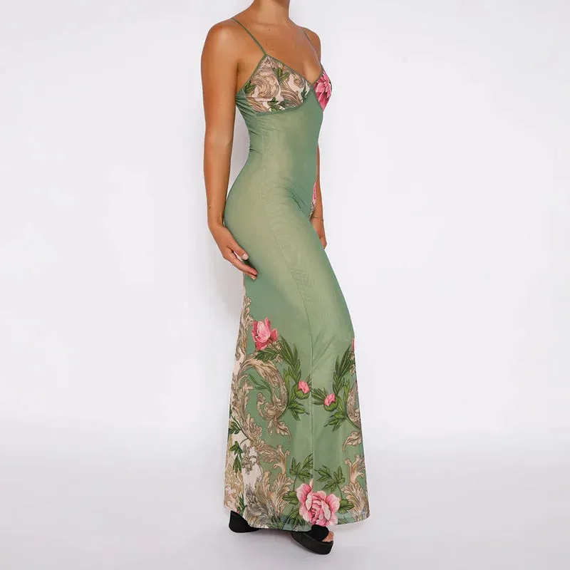 Floral Print Suspender V-neck Maxi Dress for Beach Party Club