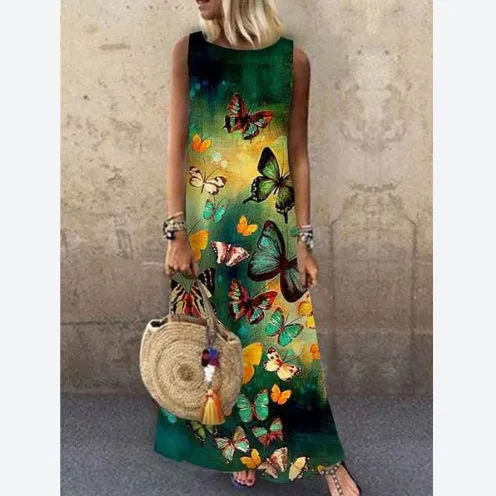 Floral Printed Sleeveless Casual Wholesale Maxi Dresses Round Neck Vacation Dresses