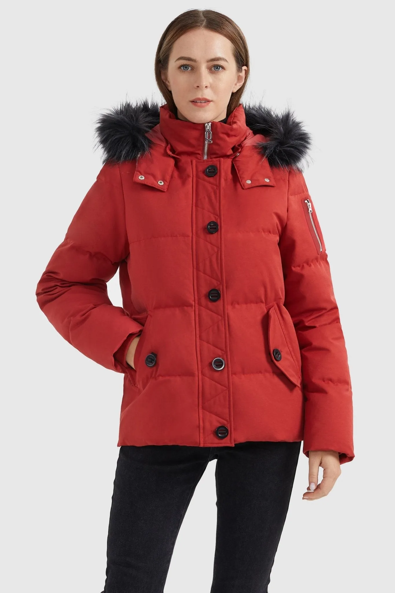 Fur Trim Hood Windproof Down Parka with Stand Collar