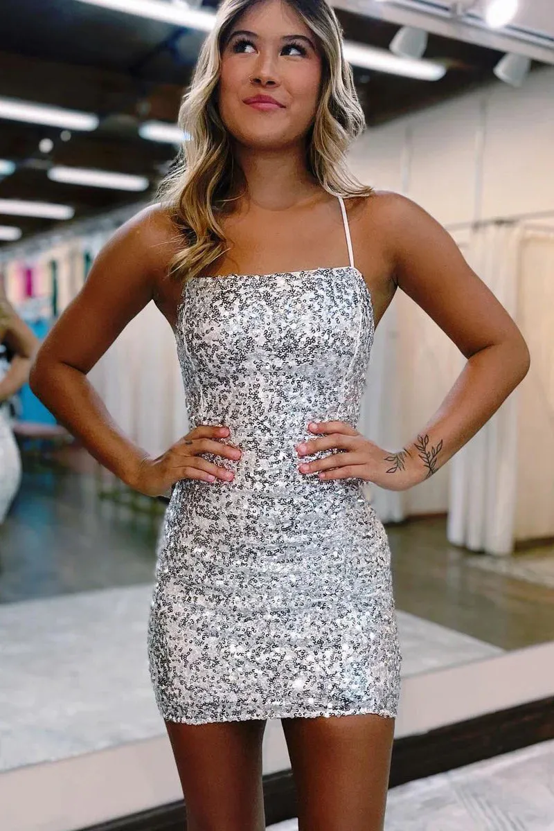 Glitter Bodycon Straps Silver Sequins Short Homecoming Dresses