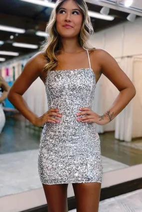 Glitter Bodycon Straps Silver Sequins Short Homecoming Dresses