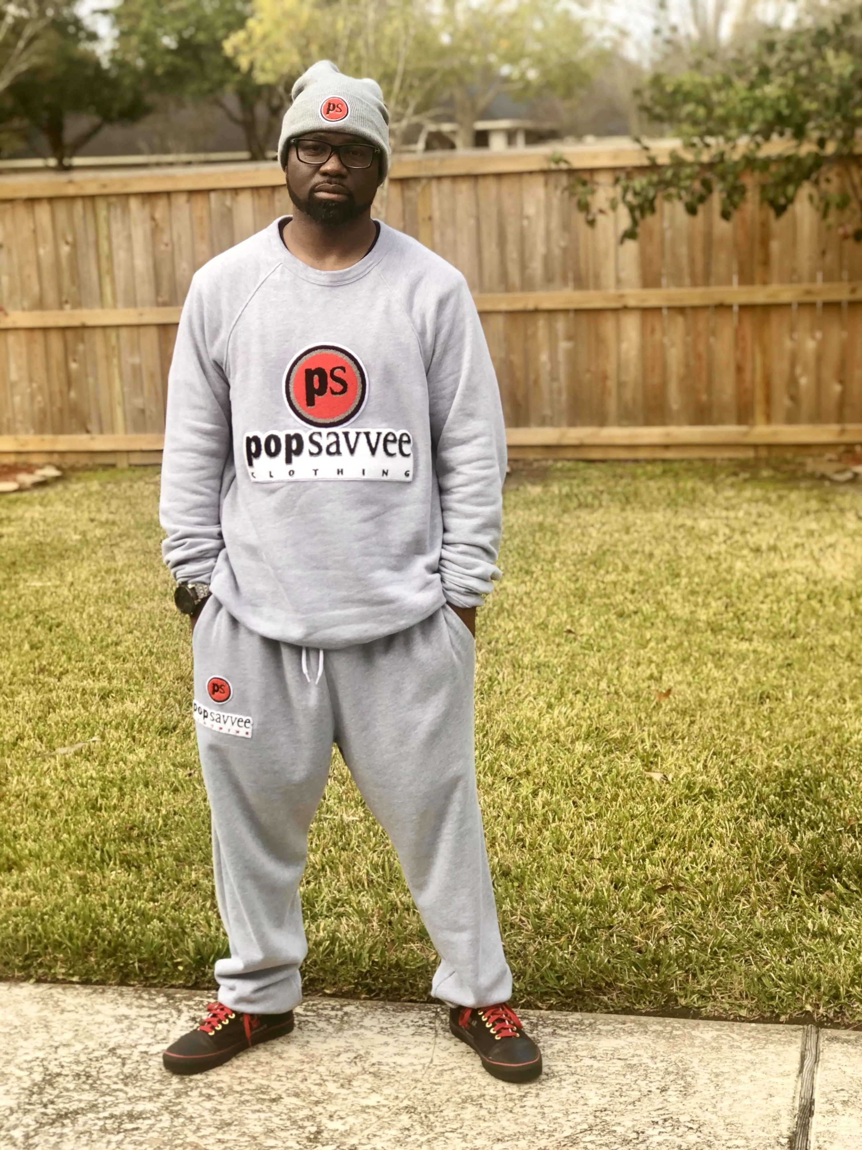 Heather Grey Sweat Suit - Chenille Embroidered “Pop Savvee Clothing” Logo