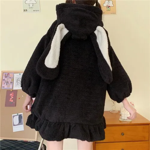 Japanese Style Autumn Winter Women Sweet Warm Jacket Kawaii Soft Lambswool Ruffles Rabbit Ears Hooded Coats Girls Parkas Outwear