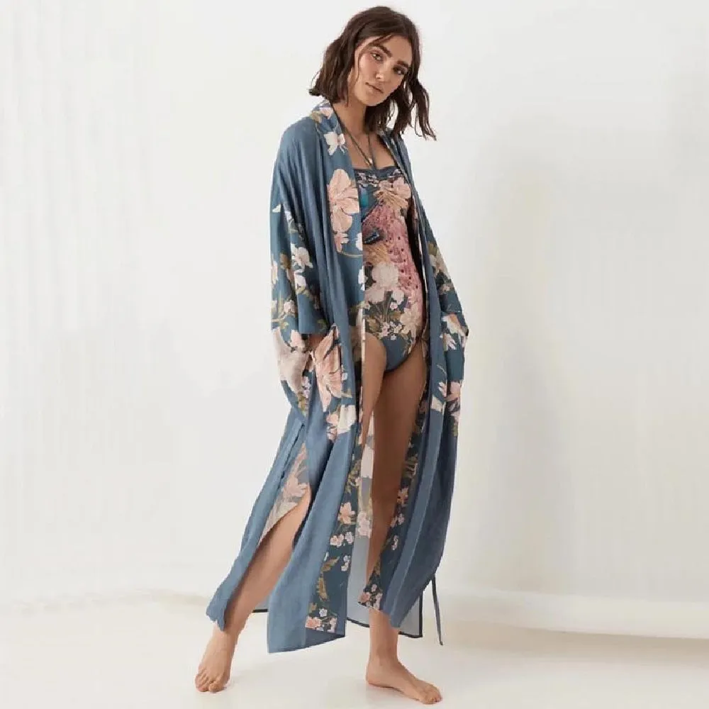 Kaftan Bohemian Printed Summer Dress Long Kimono Tunic Women Plus Size Beach Wear Swim Suit Cover Up Robe De Plage A140