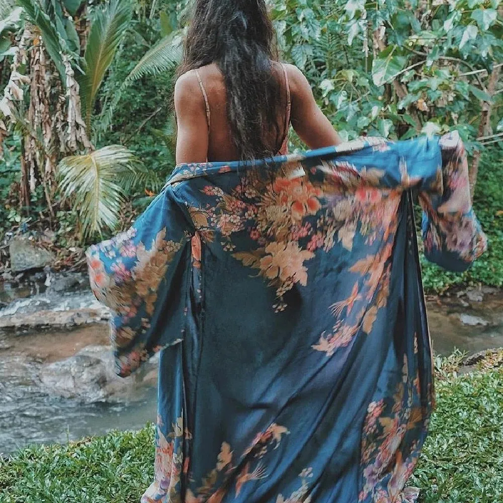 Kaftan Bohemian Printed Summer Dress Long Kimono Tunic Women Plus Size Beach Wear Swim Suit Cover Up Robe De Plage A140