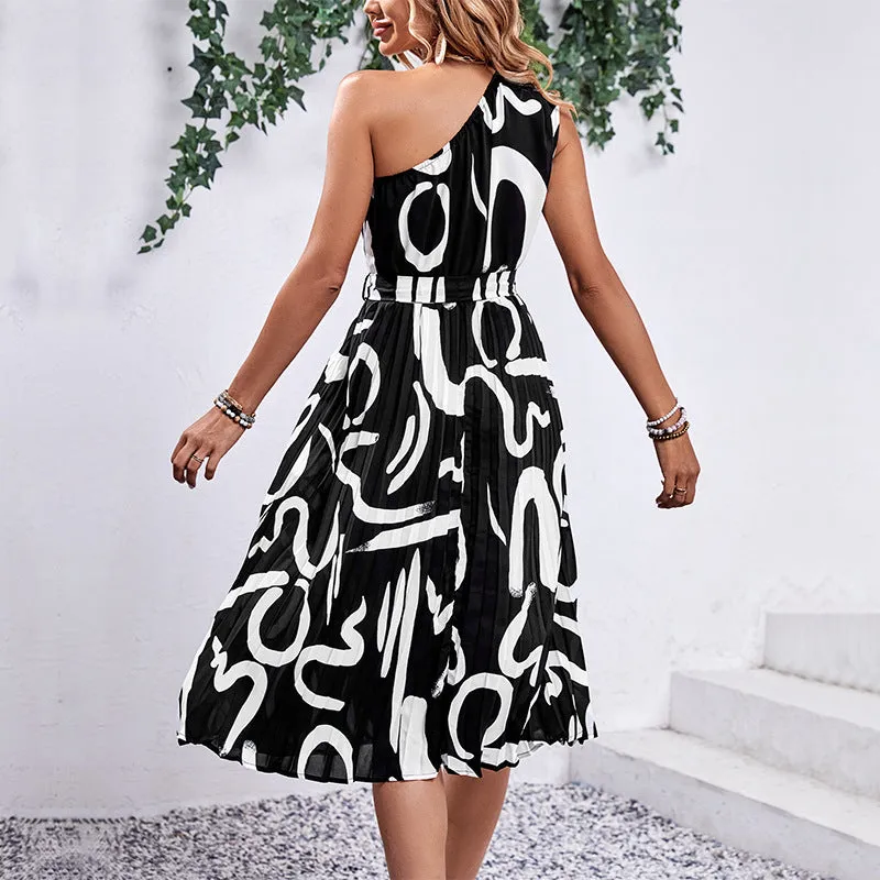 Letter Print One-Shoulder Pleated Dresses Wholesale Womens Clothing N3824022600071