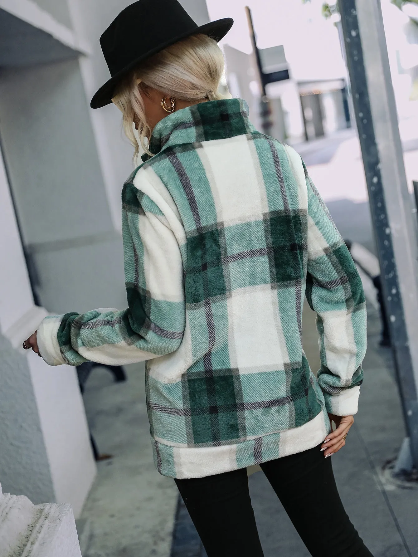 Long Sleeve Collar Plaid Zipper Plush Coat