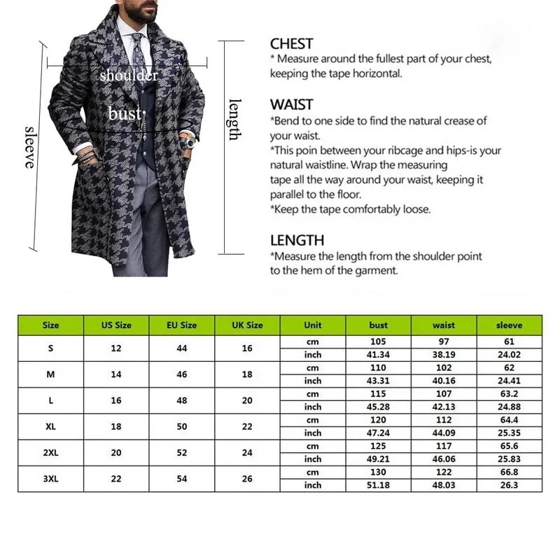 Men Long Woollen Wind Coat Houndstooth Jacket Men Trench Coat