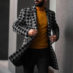 Men Long Woollen Wind Coat Houndstooth Jacket Men Trench Coat