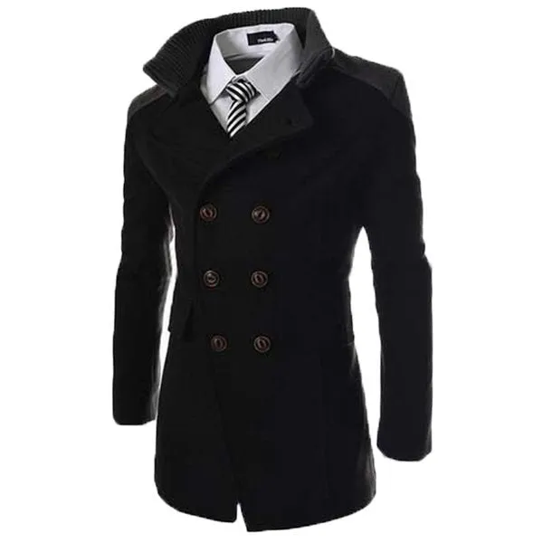 Mens Solid Double Breasted Mid-Long Thicken Trench Coat