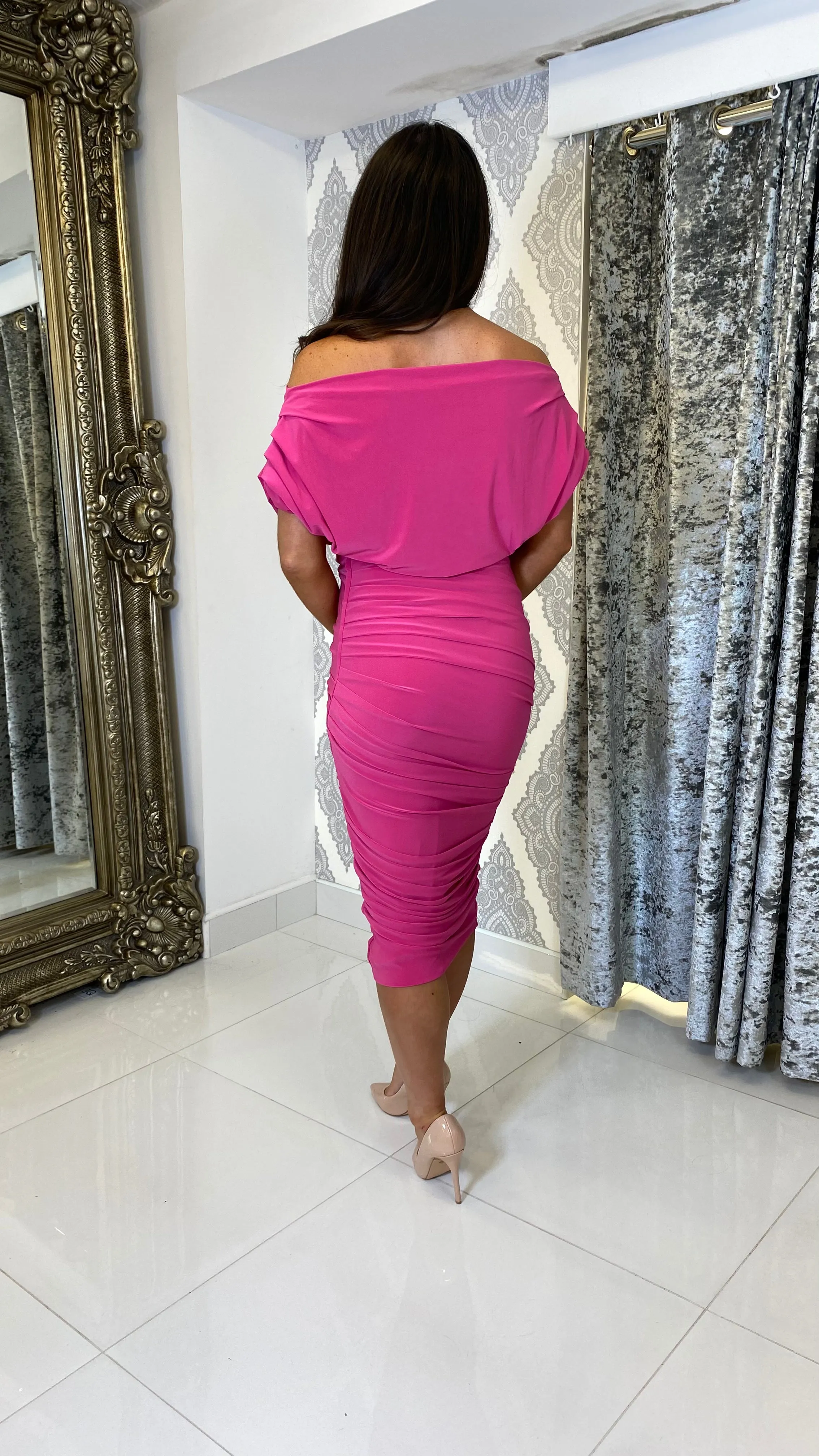 Pink Oxygen Ruched Midi Dress