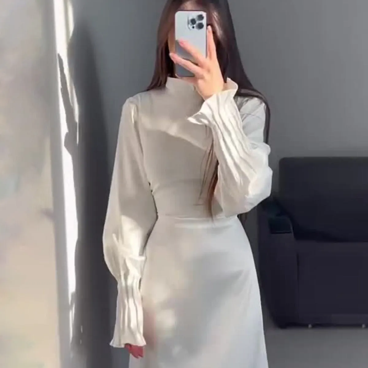 Pleated Waist Belted Long Sleeve Maxi Dresses Wholesale Womens Clothing N3823122100018