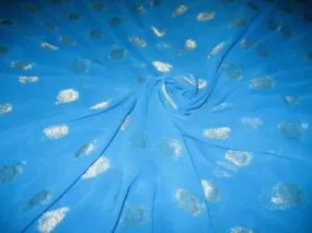 Polyester georgette Aqua Blue color fabric with metallic silver & gold jacquard ~ 44 inches wide[1094]