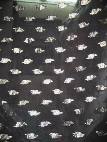 Polyester georgette fabric with metalic silver &amp; gold jacquard~Jet Black colour