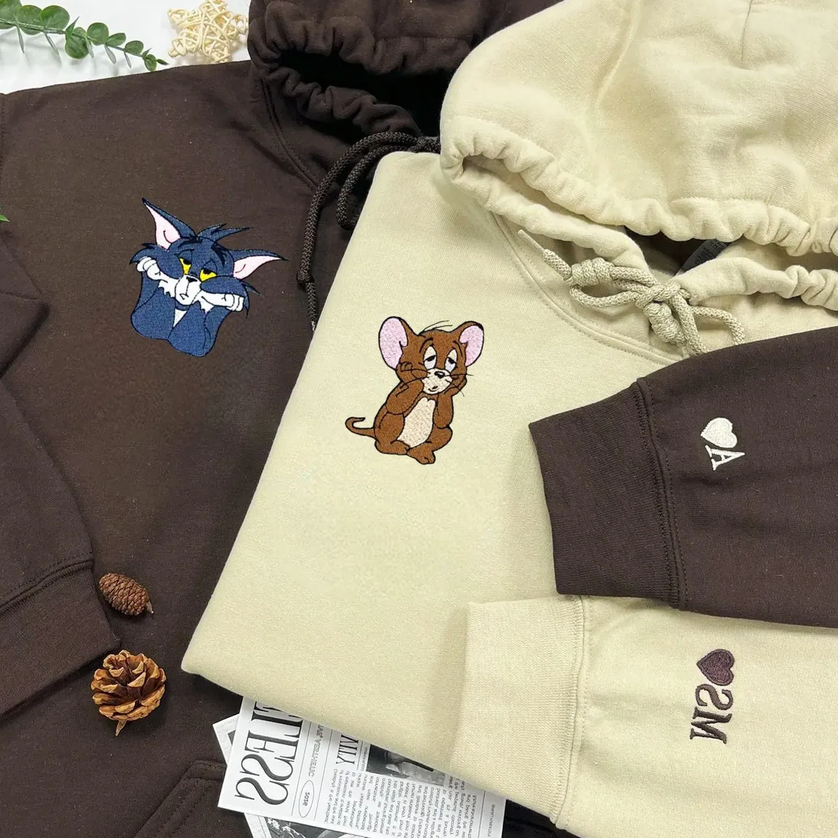 "Mouse & Cat Couple" Couple Hoodies - Custom Embroidered Matching Hoodies For Couples