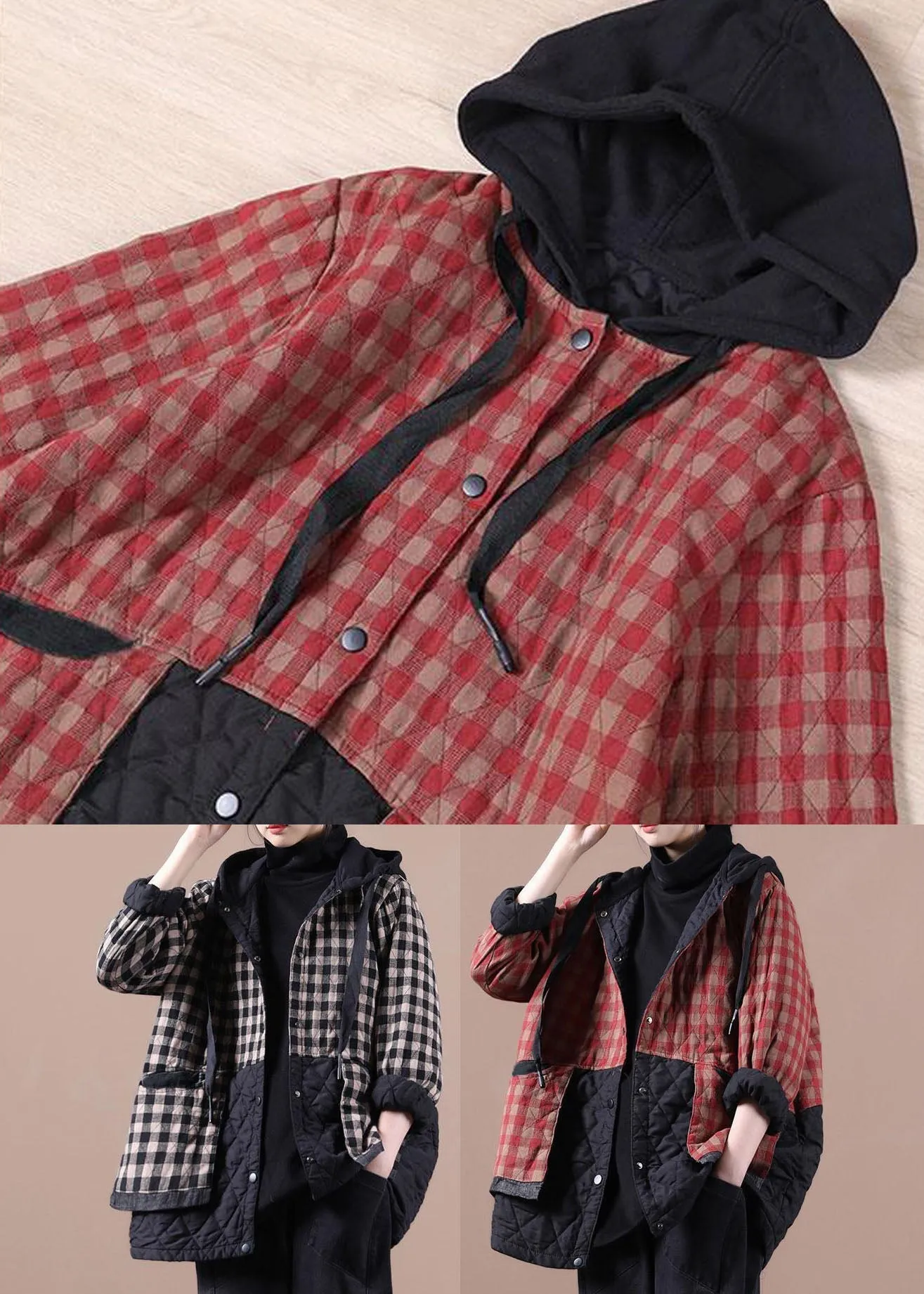 Red Plaid Patchwork Women Winter Parkas