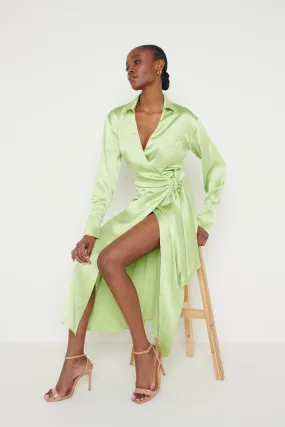 Ronnie Satin Wrap Dress - Apple Green